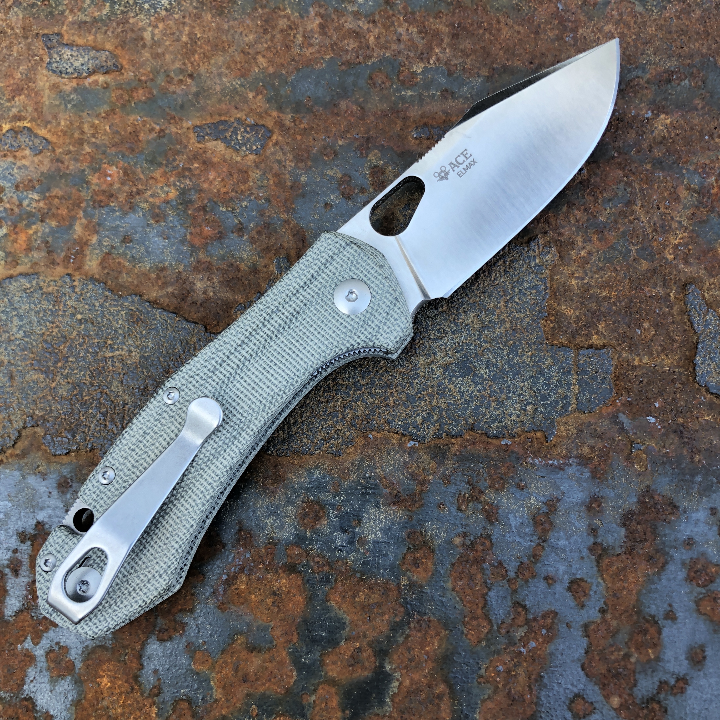 GiantMouse ACE Atelier Green Canvas Micarta Satin Elmax Deep Carry